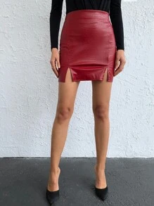 EURMUSE Crocodile Embossed Split Hem PU Skirt - Burgundy - View 4