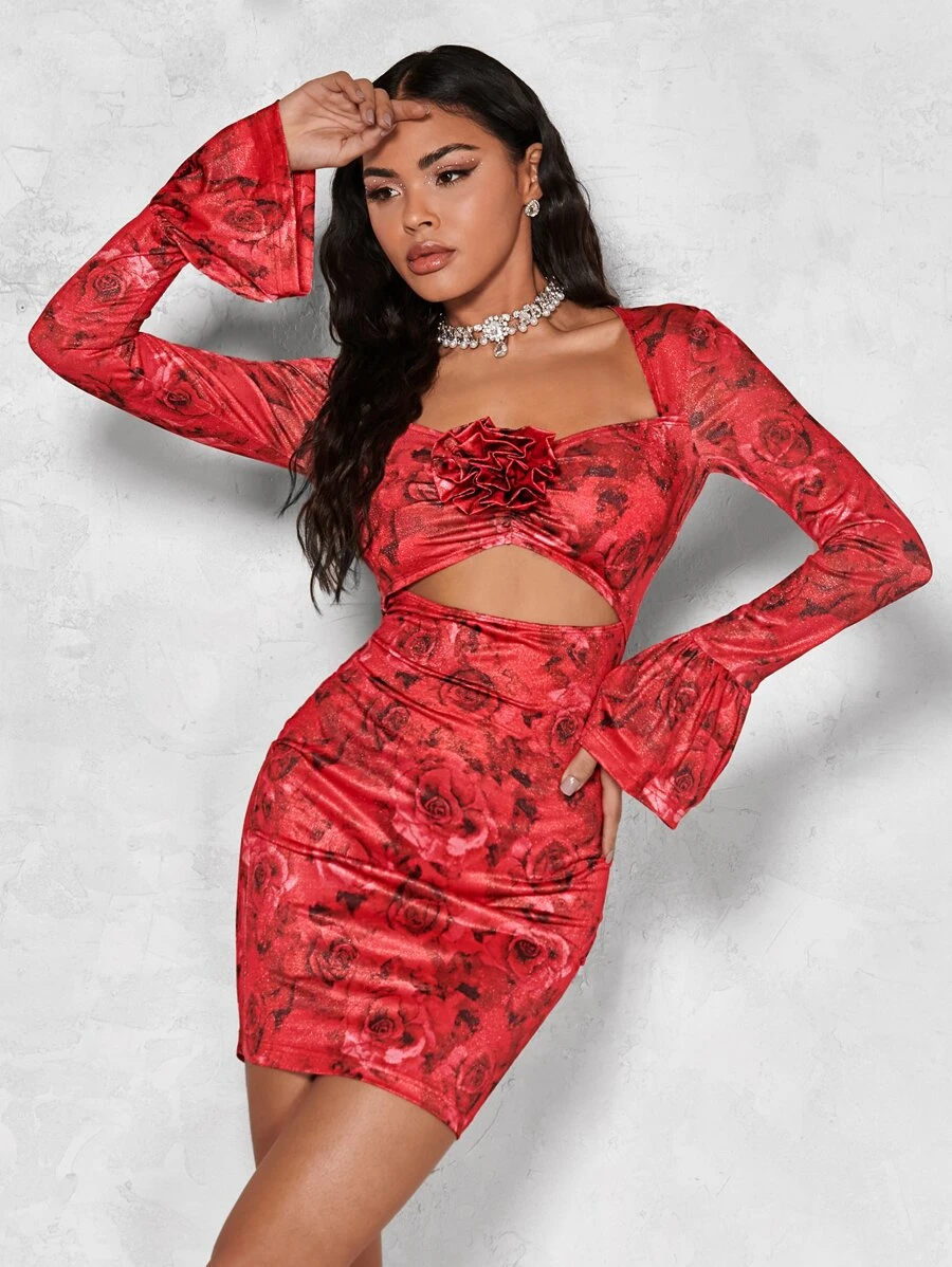 SHEIN BAE Đầm Đề can Cắt ra Xù Hoa Gợi cảm - Đỏ - Xem 1