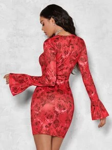 SHEIN BAE Đầm Đề can Cắt ra Xù Hoa Gợi cảm - Đỏ - Xem 2