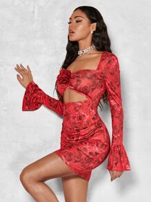 SHEIN BAE Đầm Đề can Cắt ra Xù Hoa Gợi cảm - Đỏ - Xem 3