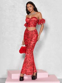 SHEIN BAE Top con stampa floreale con spalle scoperte con manica a sbuffo plissettato corto metallico