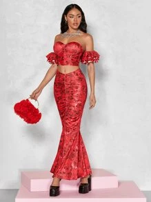 SHEIN BAE Top con stampa floreale con spalle scoperte con manica a sbuffo plissettato corto metallico