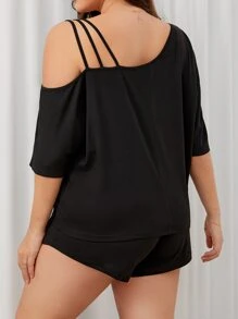 Plus Asymmetrical Neck Batwing Sleeve Tee & Shorts PJ Set - Black - View 2