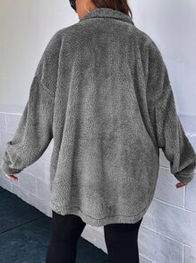 SHEIN Essnce Plus Drop Shoulder Flap Pocket Flannel Coat - Grey - View 2