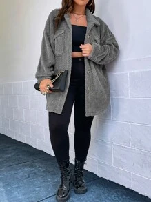 SHEIN Essnce Plus Drop Shoulder Flap Pocket Flannel Coat - Grey - View 3