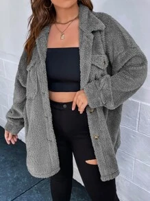 SHEIN Essnce Plus Drop Shoulder Flap Pocket Flannel Coat - Grey - View 4