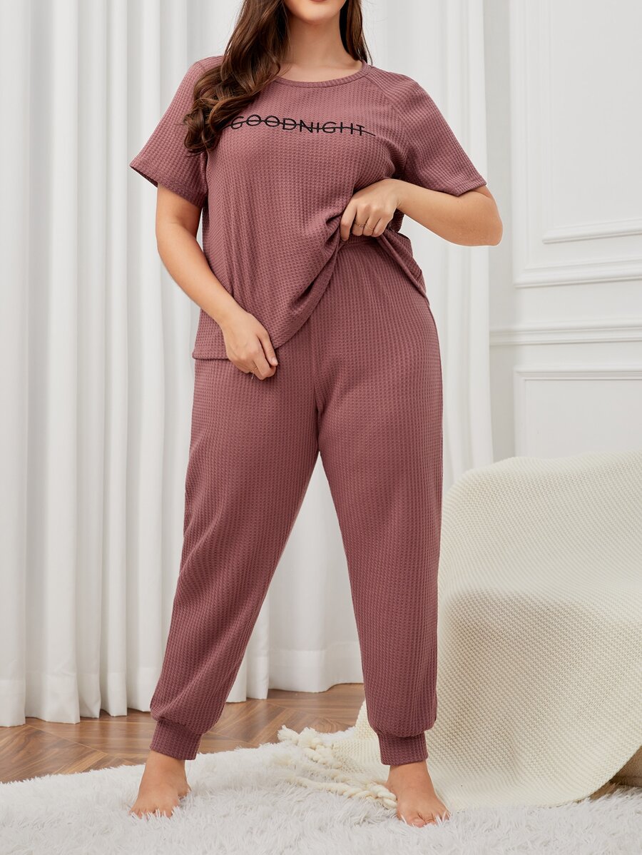 Plus Letter Embroidery Waffle Knit Tee & Trousers PJ Set - Redwood - View 1