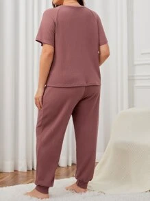 Plus Letter Embroidery Waffle Knit Tee & Trousers PJ Set - Redwood - View 2