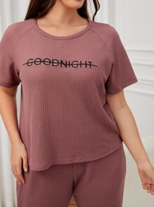 Plus Letter Embroidery Waffle Knit Tee & Trousers PJ Set - Redwood - View 3