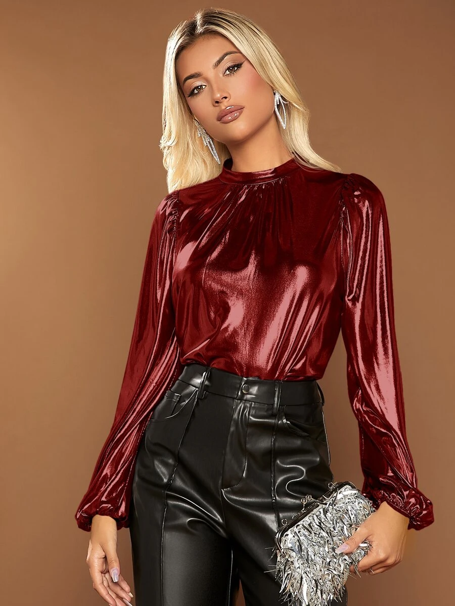 SHEIN BAE 小高領燈籠袖金屬質感襯衫 - 紅色 - 查看 1