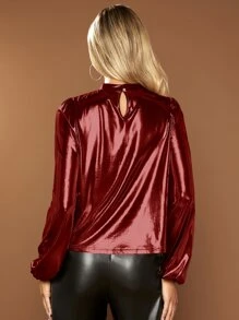 SHEIN BAE 小高領燈籠袖金屬質感襯衫 - 紅色 - 查看 2
