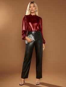 SHEIN BAE 小高領燈籠袖金屬質感襯衫 - 紅色 - 查看 3