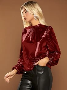 SHEIN BAE 小高領燈籠袖金屬質感襯衫 - 紅色 - 查看 5