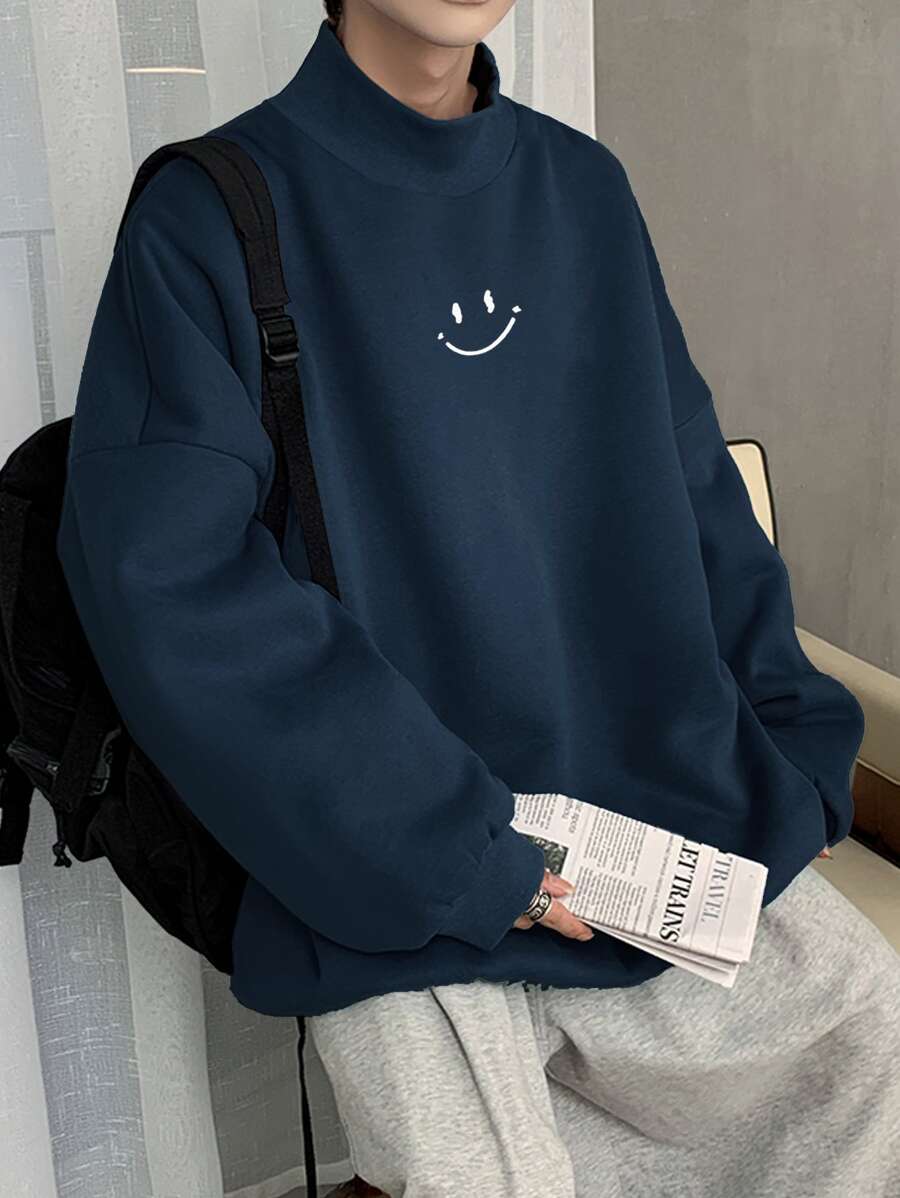 Manfinity Hypemode Men Cartoon Graphic Mock Neck Drop Shoulder Sweatshirt - Navy Blue - View 1