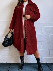SHEIN LUNE Plus Size Plaid Front Button Long Sleeve Side Slit Long Coat, Casual Wear With Pockets Winter Women Coat Long Coat - Burgundy - View 1