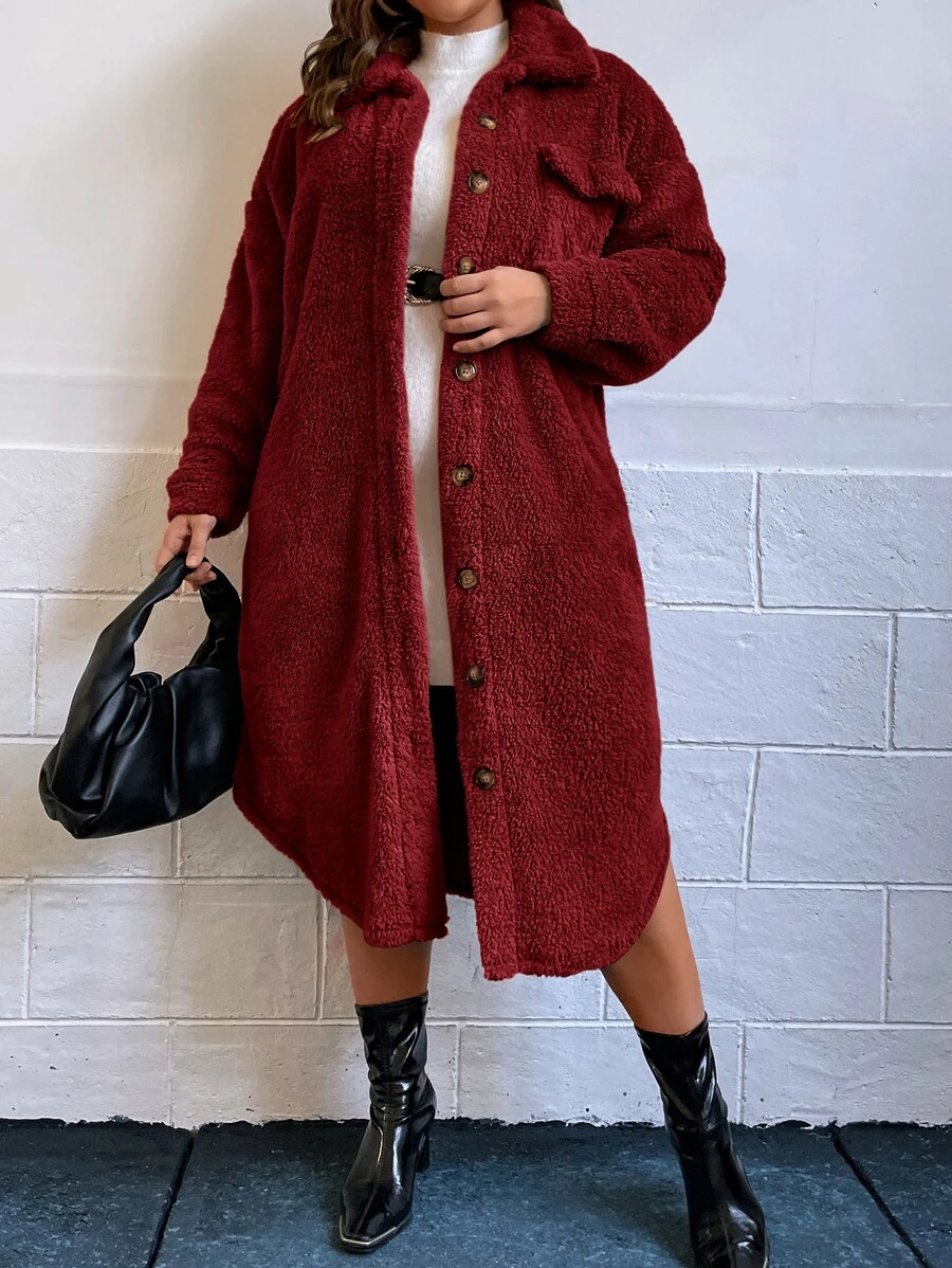SHEIN LUNE Plus Size Plaid Front Button Long Sleeve Side Slit Long Coat, Casual Wear With Pockets Winter Women Coat Long Coat - Burgundy - View 1