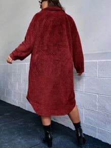 SHEIN LUNE Plus Size Plaid Front Button Long Sleeve Side Slit Long Coat, Casual Wear With Pockets Winter Women Coat Long Coat - Burgundy - View 2