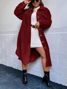 SHEIN LUNE Plus Size Plaid Front Button Long Sleeve Side Slit Long Coat, Casual Wear With Pockets Winter Women Coat Long Coat - Burgundy - View 4