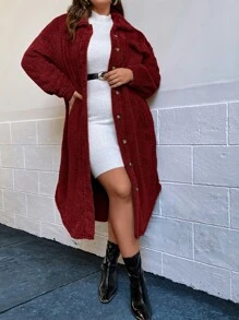 SHEIN LUNE Plus Size Plaid Front Button Long Sleeve Side Slit Long Coat, Casual Wear With Pockets Winter Women Coat Long Coat - Burgundy - View 5