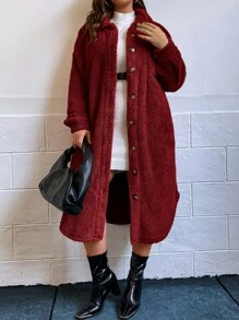 SHEIN LUNE Plus Size Plaid Front Button Long Sleeve Side Slit Long Coat, Casual Wear With Pockets Winter Women Coat Long Coat - Burgundy - View 6