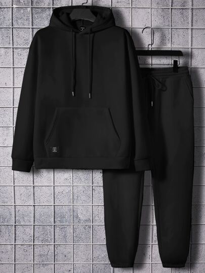 Guys Letter Patched Kangaroo Pocket Drawstring Hoodie & Sweatpants