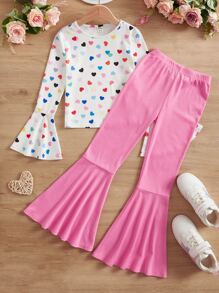 SHEIN Girls Heart Print Flounce Sleeve Tee & Flare Leg Trousers - Multicolor - View 1