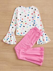SHEIN Girls Heart Print Flounce Sleeve Tee & Flare Leg Trousers - Multicolor - View 2