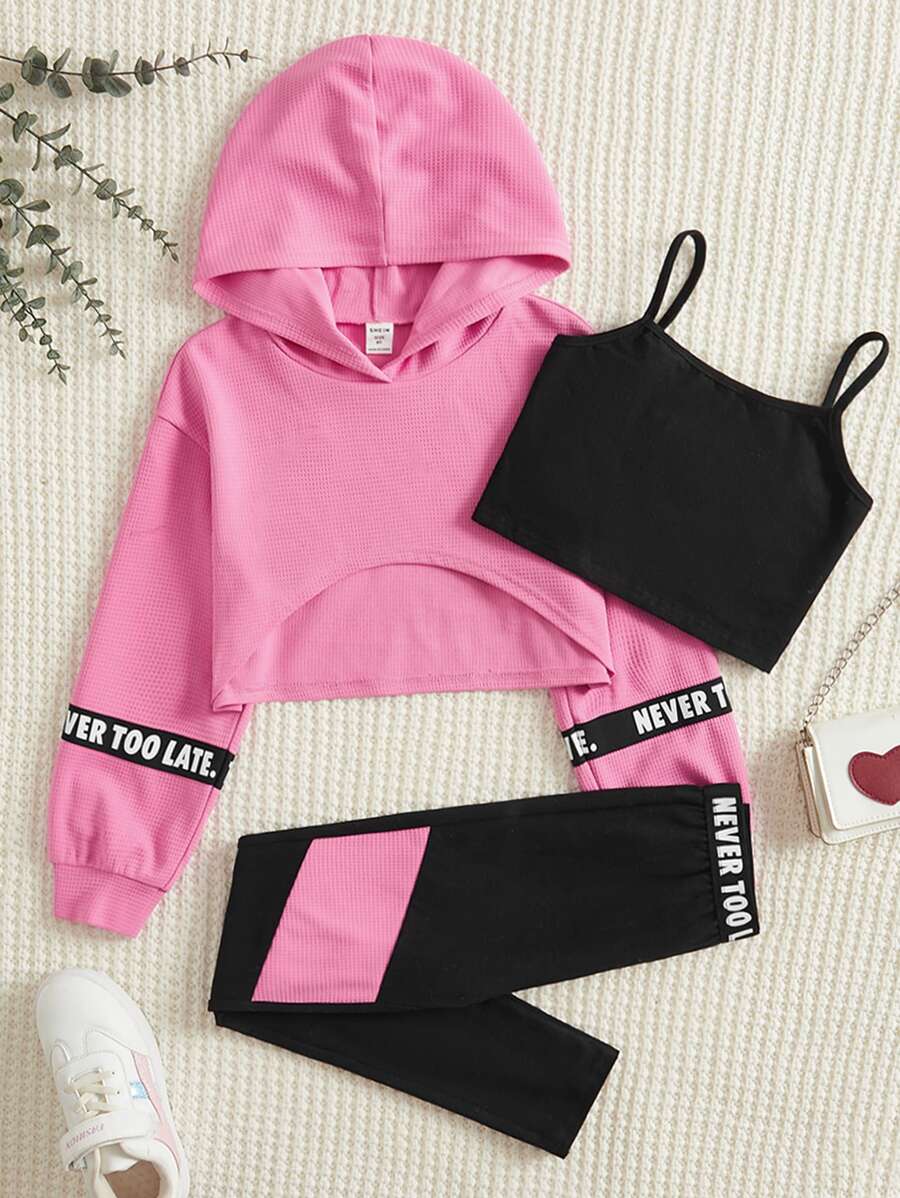 SHEIN Leap Crew Cô gái Tween Bảng chữ cái Hem cao thấp Hoodie & Cami ngọn & Khối màu Xà cạp - Nhiều màu - Xem 1