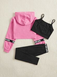 SHEIN Leap Crew Cô gái Tween Bảng chữ cái Hem cao thấp Hoodie & Cami ngọn & Khối màu Xà cạp - Nhiều màu - Xem 2