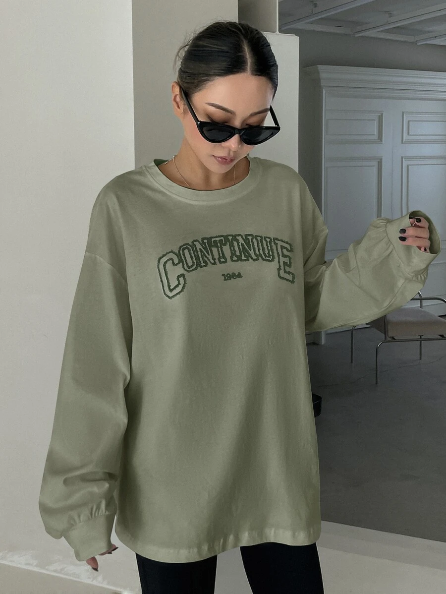 DAZY 字母圖形下垂肩t恤 - 軍綠色 - 查看 1