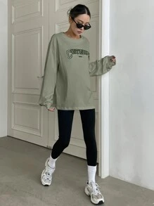 DAZY 字母圖形下垂肩t恤 - 軍綠色 - 查看 4