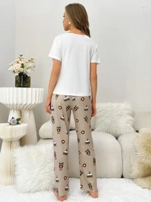 Cartoon & Letter Graphic PJ Set / Pajama Set - Multicolor - View 2