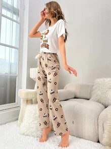 Cartoon & Letter Graphic PJ Set / Pajama Set - Multicolor - View 3