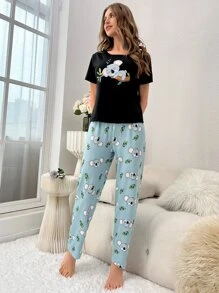 卡通圖案T恤和褲子睡衣套裝 - 彩色 - 查看 3