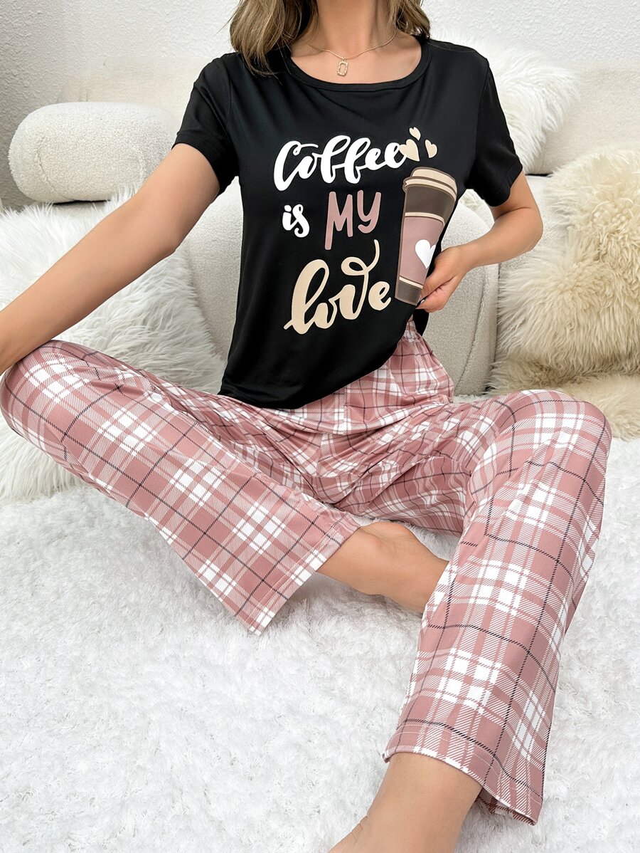 咖啡和標語圖案T恤和格紋印花長褲睡衣套裝
