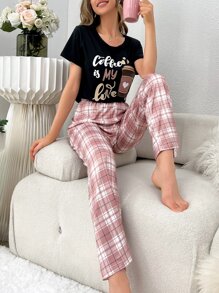咖啡和標語圖案T恤和格紋印花長褲睡衣套裝
