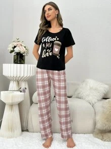 咖啡和標語圖案T恤和格紋印花長褲睡衣套裝