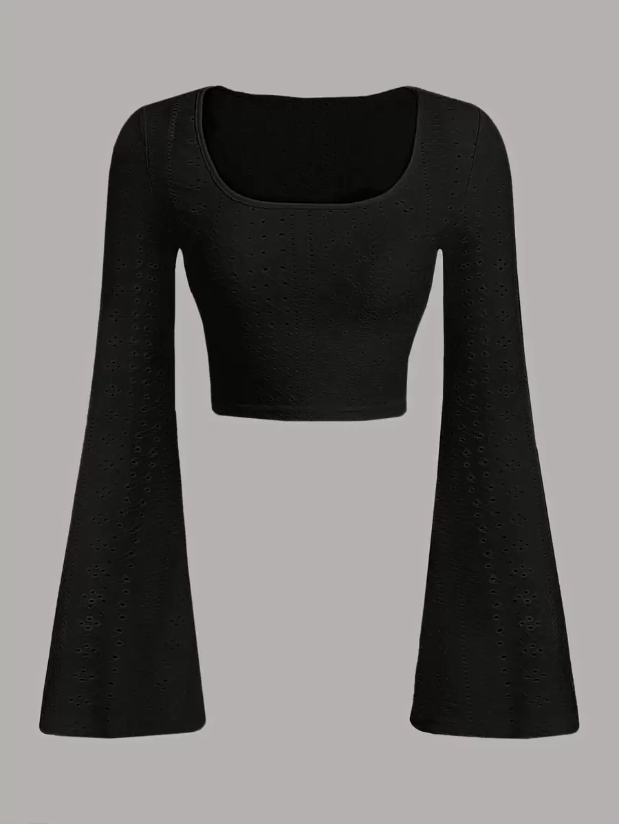 SHEIN EZwear Mùa Xuân Đầm Scoop Cổ tay áo lá sen Áo phông Crop - màu đen - Xem 1