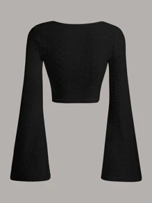 SHEIN EZwear Mùa Xuân Đầm Scoop Cổ tay áo lá sen Áo phông Crop - màu đen - Xem 2