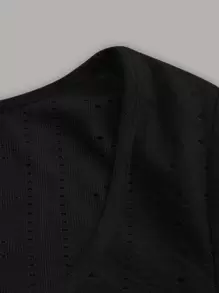 SHEIN EZwear Mùa Xuân Đầm Scoop Cổ tay áo lá sen Áo phông Crop - màu đen - Xem 4