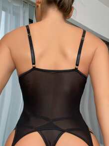 Floral Lace Underwire Garter Lingerie Set With Stockings - Black - View 2