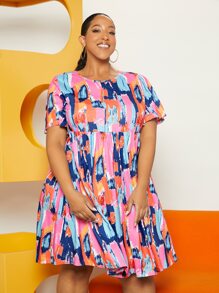 SHEIN CURVE+ 大碼筆刷圖案娃娃裙 - 彩色 - 查看 4