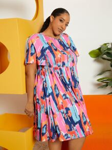 SHEIN CURVE+ 大碼筆刷圖案娃娃裙 - 彩色 - 查看 5
