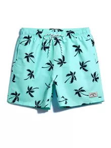 Surfspeed Men Tropical Print Drawstring Waist Patched Detail Swim Trunks,Hawaiian, Men Palm Tree Swim Shorts, Shorts For Men Beach, Men Shorts Vacation, Hawaiian Shorts For Men, Men Swim Trunks Short - Mint Blue - View 3