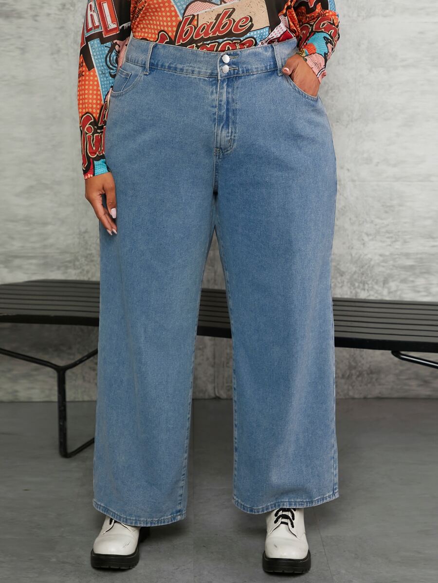 SHEIN CURVE+ Plus Slant Pocket Wide Leg Jeans - Medium Wash - View 1