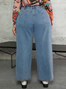 SHEIN CURVE+ Plus Slant Pocket Wide Leg Jeans - Medium Wash - View 2