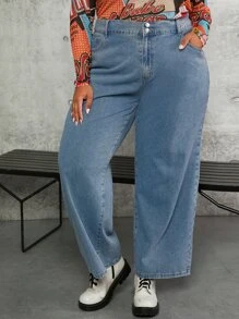 SHEIN CURVE+ Plus Slant Pocket Wide Leg Jeans - Medium Wash - View 4