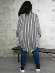 SHEIN CURVE+ Plus Striped Print Drop Shoulder Knot Hem Coat - Grey - View 4