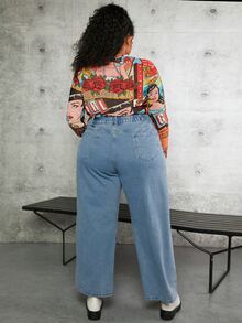 SHEIN CURVE+ Plus Slant Pocket Wide Leg Jeans - Medium Wash - View 5