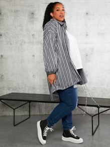 SHEIN CURVE+ Plus Striped Print Drop Shoulder Knot Hem Coat - Grey - View 3